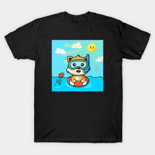 Cute Cat Snorkeling With Swimming Tires T-Shirt